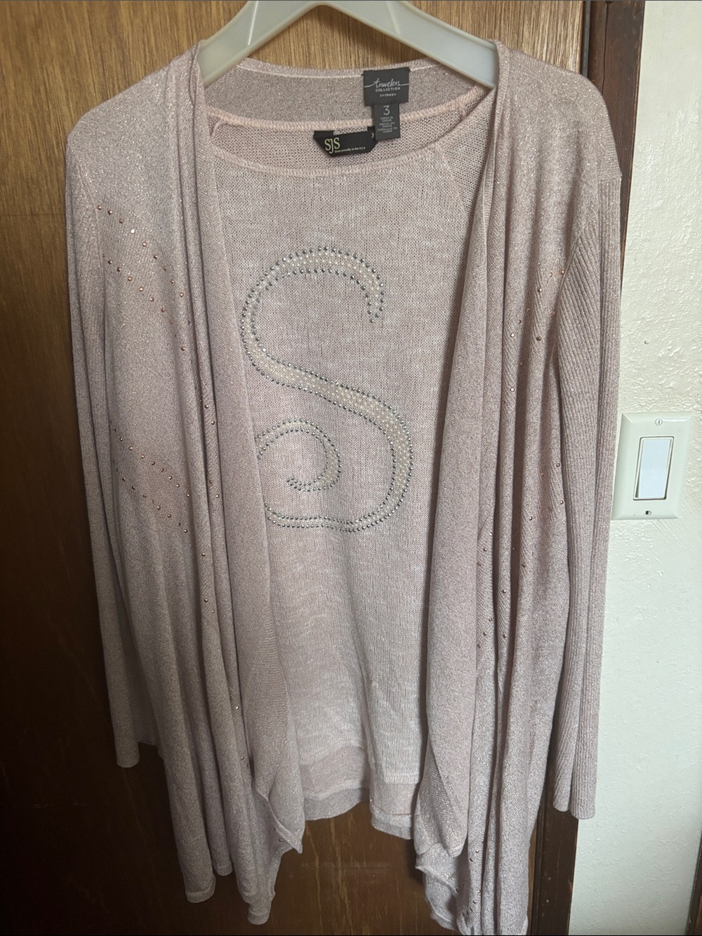 JS Collections Light Blush Pink Embellished Cardigan & Tank Set